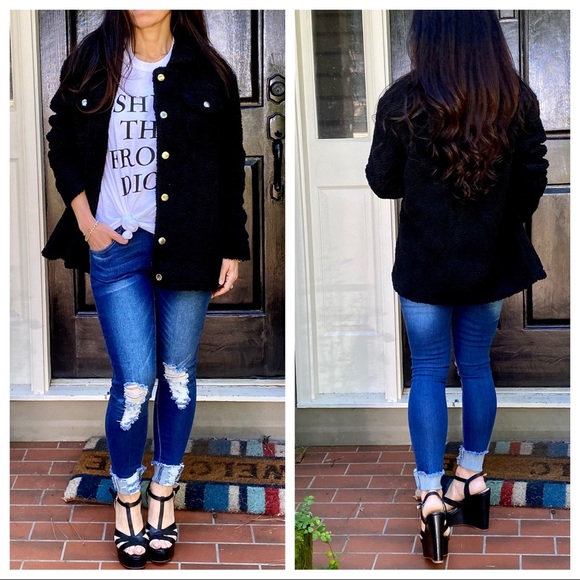 Black Sherpa faux fur button down jacket - Picture 6 of 9